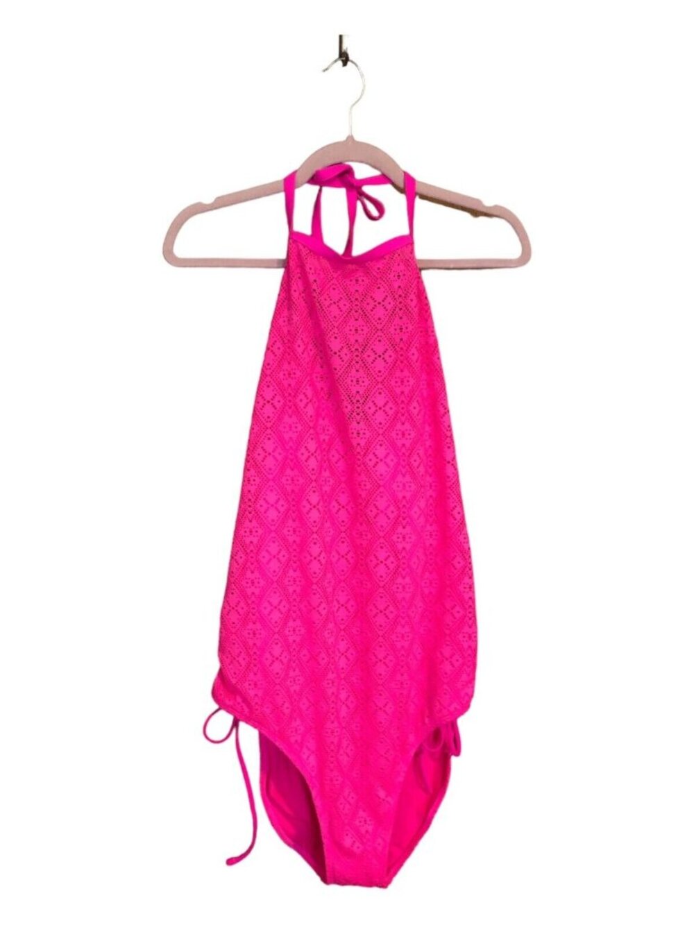 SO Hot Pink Lace Overlay Open Back One Piece Swim Suit Tie Neckline Jrs 2X